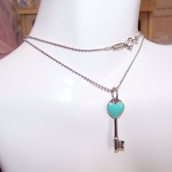 Tiffany & Co Sterling Silver 16" Bead Chain with Blue Enamel Key Pendant - Picture 1 of 9